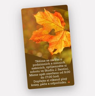 Těšíme se na Vás o podzimních a zimních měsících, zpříjemněte si sobotu ve Studiu J. Santini máme opět otevřeno od 9:00 do...